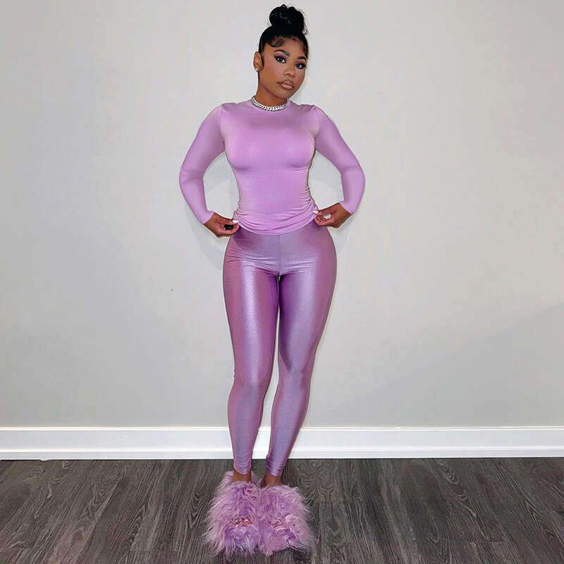 new Autumn Women's Round Neck Sleeve High Waist Slimming Long Pants Casual Set B5