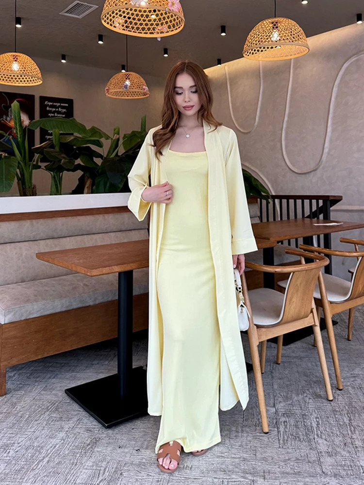 Fashion Bodycon Slip Length Womens Solid Hip Package Dresses Set Loose Minimalist Female Cardigan Sets Holiday Suit 250709