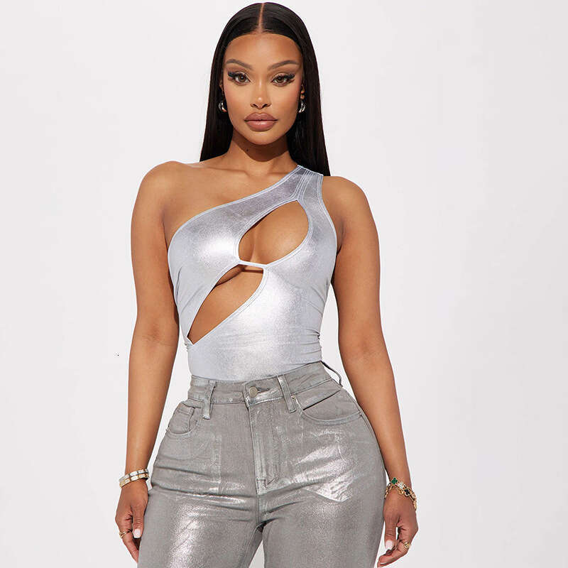 D24bs012 Wind New Women's Sexy One-Shoulder Metallic Color Patchwork Jumpsuit B5