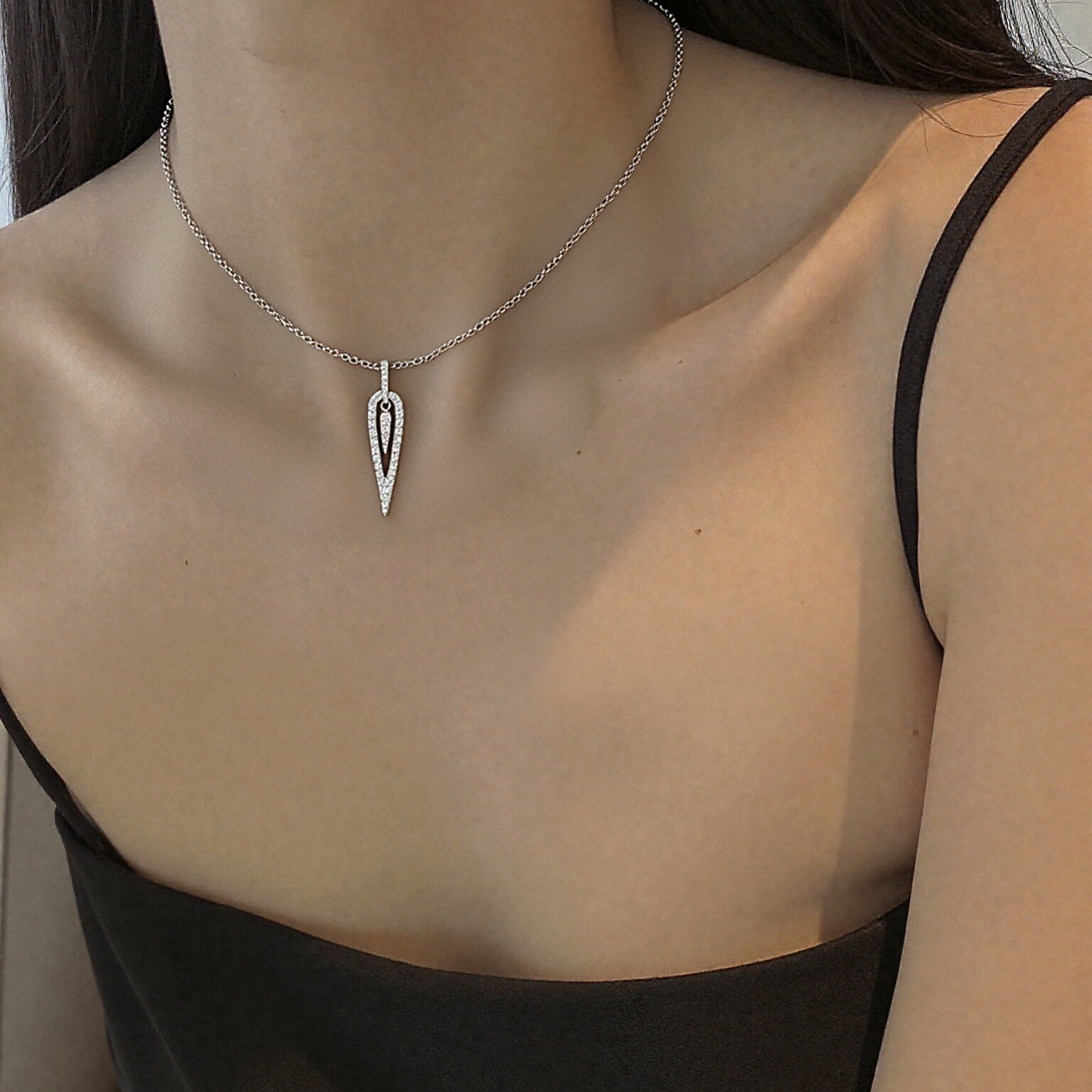 Dancing raindrop pendant necklace, 925 silver inlaid with white zircon, 17 inches long necklace beads, Valentine's Daywedding anniversary gift