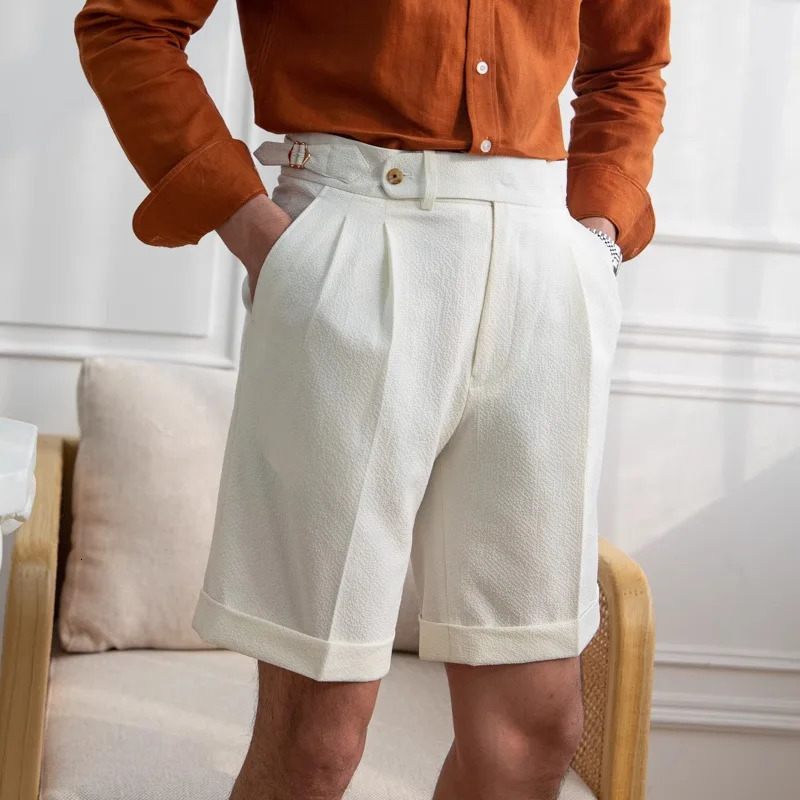Italian Style Naples Shorts Men Summer Seersucker High Waisted Paris Buckle Suit Middle Pants England Business Casual Shorts 250707