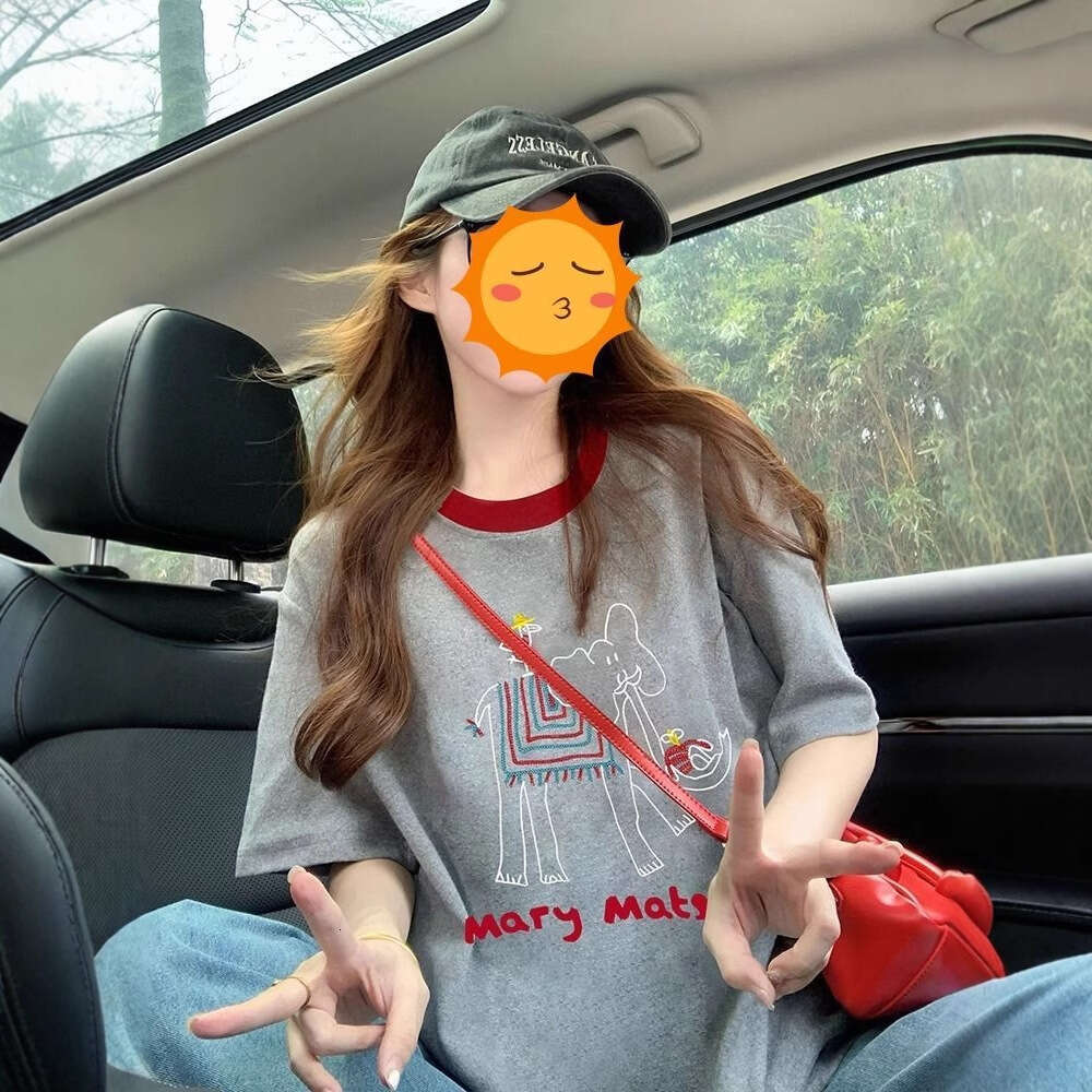 Summer New Korean Style Gray Elephant Short Sleeve T-Shirt For Women, Color-Block, Youthful, Loose Fit, Trendy Top B5