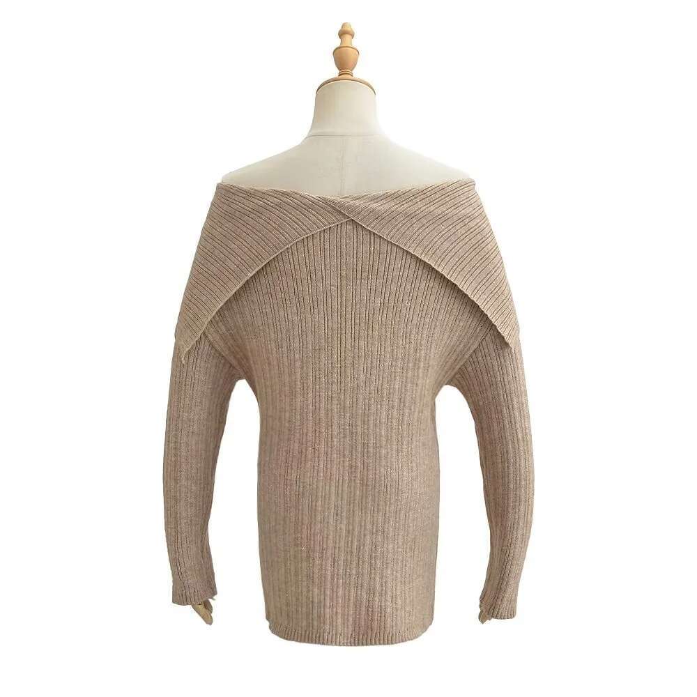 Autumn New Sexy Off-Shoulder Long Sleeve Knitted For Women Thickened Large Collar Pullover Sweater Trendy B5