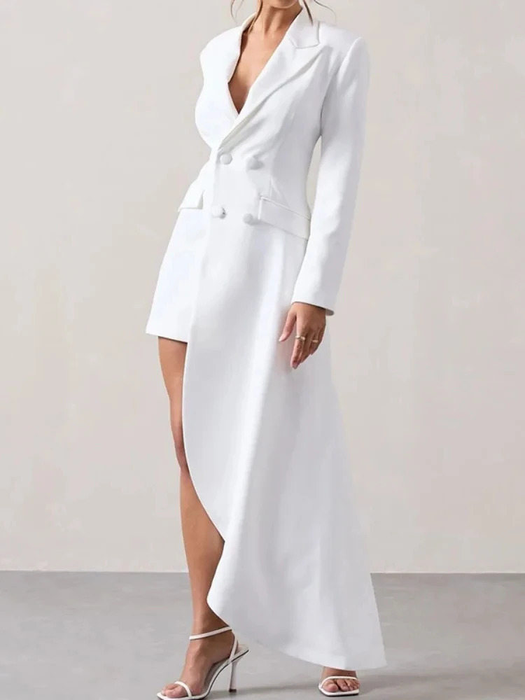 Urban Female Black White Highlow Notched Collar Blazer Office Ladies Fashion Buttoned Pocket Commute Outerwear 250709