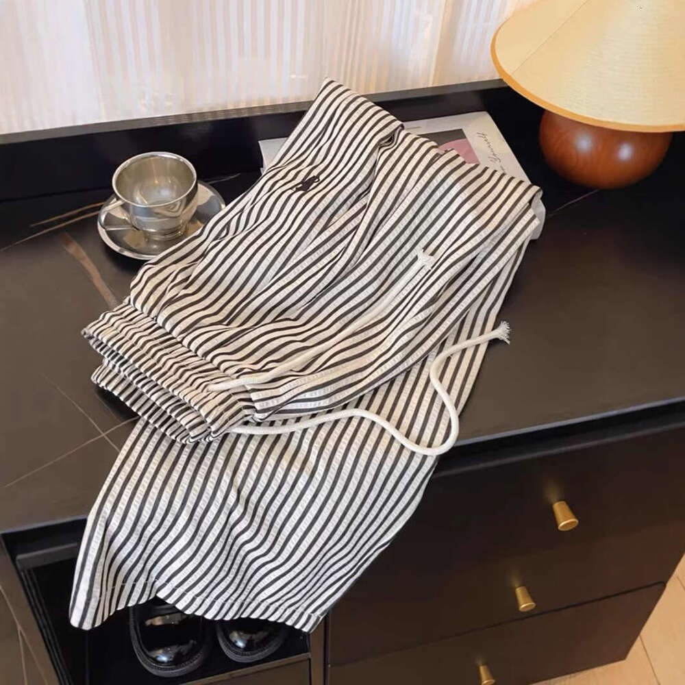 Fashion Vertical Striped Lazy Style Straight Wide Leg Embroidered Long Spring Autumn Casual Black White Scimitar Walking Pants For Women B5