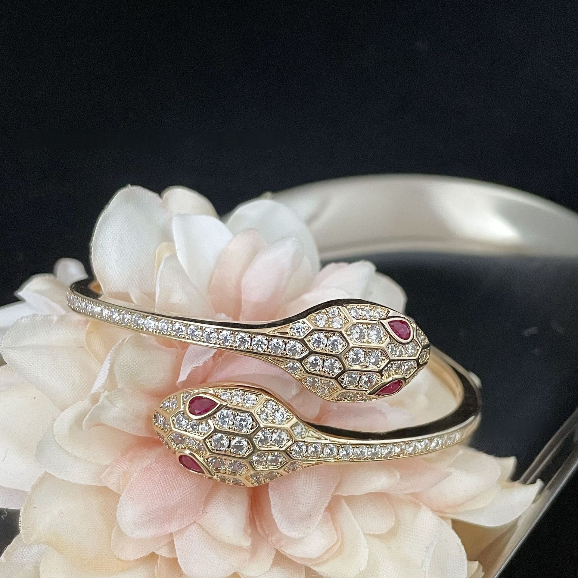Ruby Double Snake Head Open Bangle High Version Gold Plated Full Diamond Bracelet Luxury Jewelry Gift for Women Man