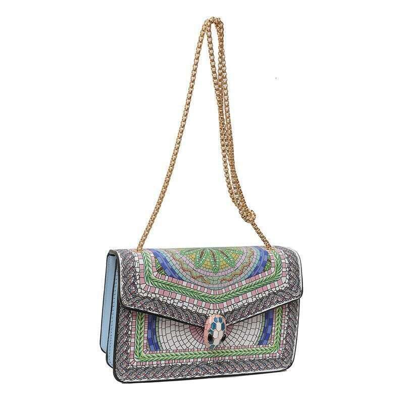 2025 New Color Block Print High-Quality Single Shoulder Korean Style Flap Trendy Chain Crossbody Bag Snake Head