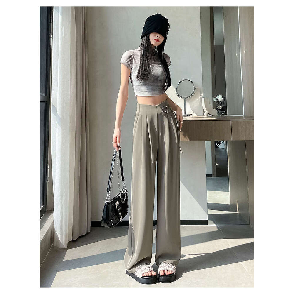 Plus Size New Chinese Style Suit Women, Summer Thin Chiffon Wide-Leg Pants, High Waist, Draped Casual Straight Pants For Petite Women B5