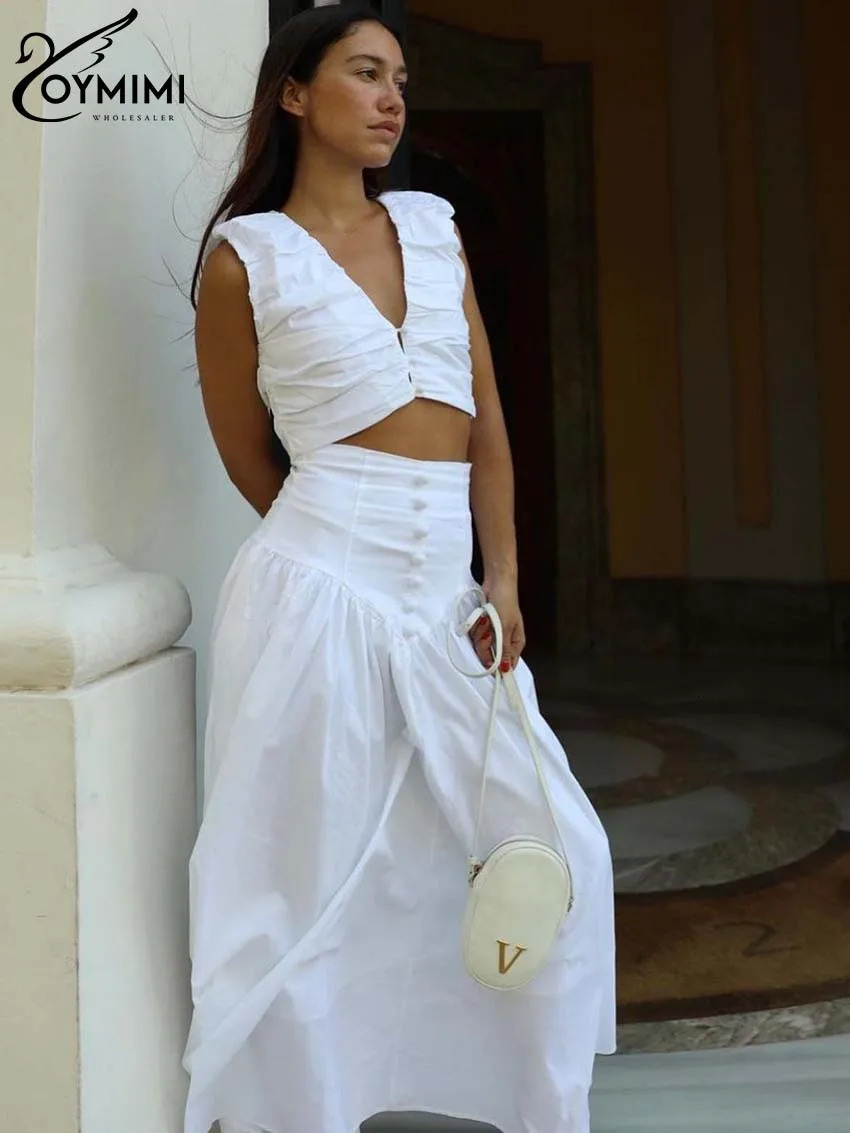 Oymimi Fashion White Cotton Sets Womens 2 Piece Elegant VNeck Sleeveless Crop Tops And Loose Button AnkleLength Skirts Sets 250709