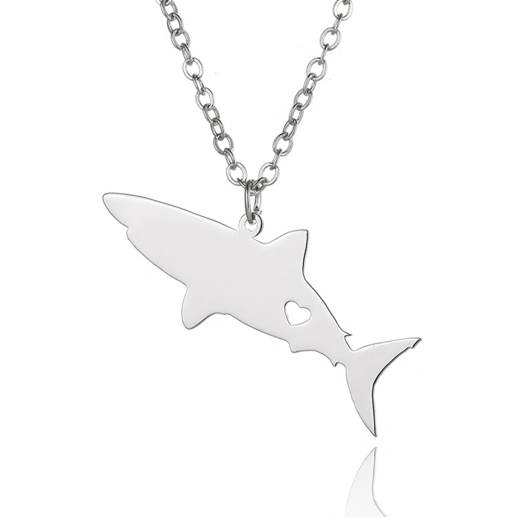 Cute Tiny Fish White Shark Necklace with Heart Small Whale Ray Cetacean Chain Stainless Steel Pendant Clavicle Collar Choker Sea Ocean Aquatic Marine 