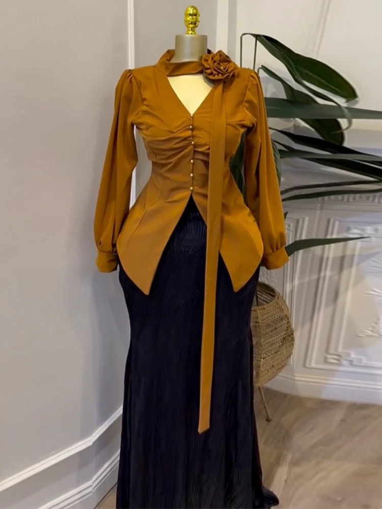 Two Piece Dress Sets Women Outfits 3D Floral V Neck Blouse Maxi Skirt Perfect for Church Weddings or Formal Daytime Events 250709