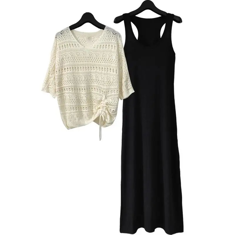 Hook Flower Hollow VNeck Knitted Short Sleeve Pullover Sweater Loose Black Modal Sleeveless Vest Dress Sets Two Piece Set 250709