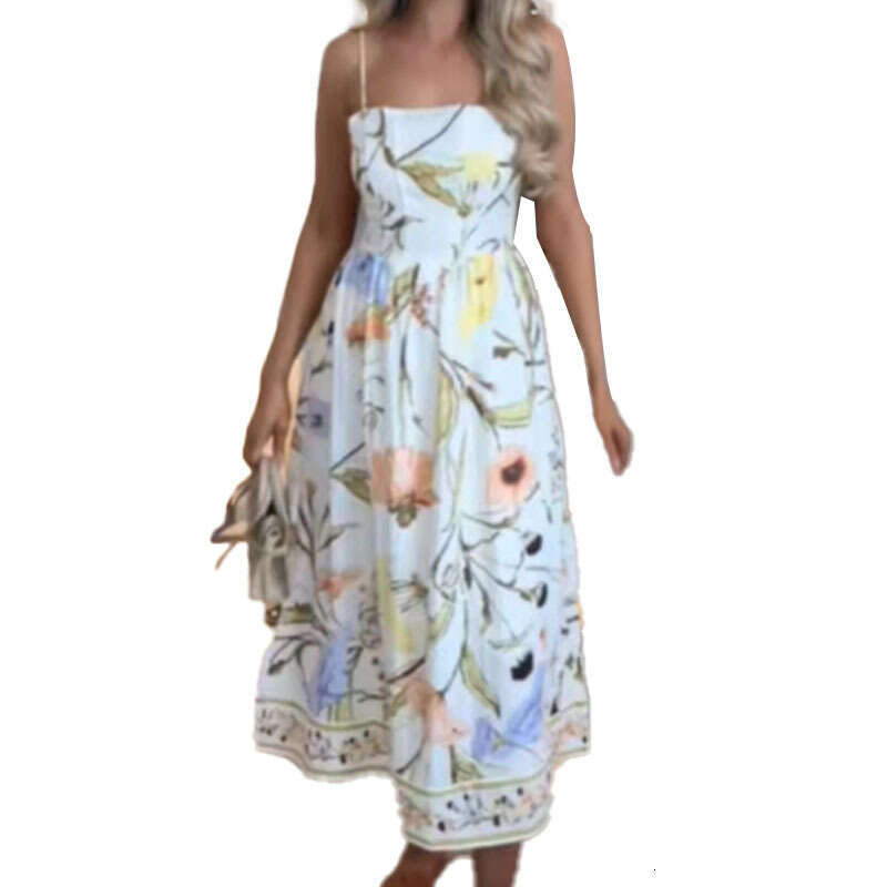 Spring New Vacation Style Fashion Printed Off-Shoulder Sleeveless Waist-Cinching Strap Dress B5