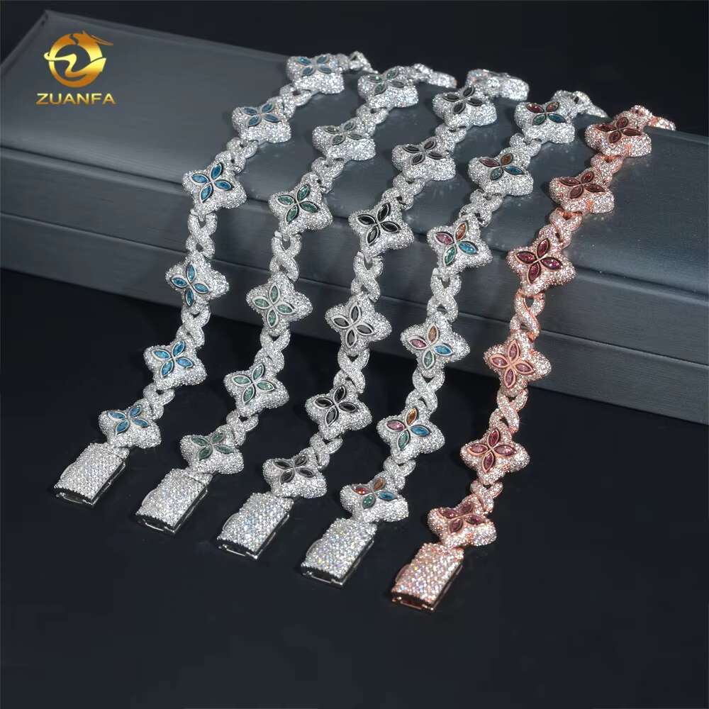Hot Selling Colorful Hip Hop Iced Out Jewelry 15mm 925 Silver Clover Cuban Moissanite Infinity Link Bracelet for Men