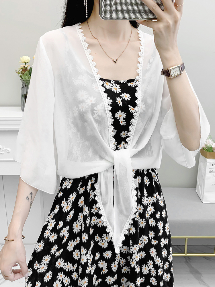 K1287 Chiffon cardigan top jacket thin summer with suspender skirt outer wear short small shawl women's versatile blouse