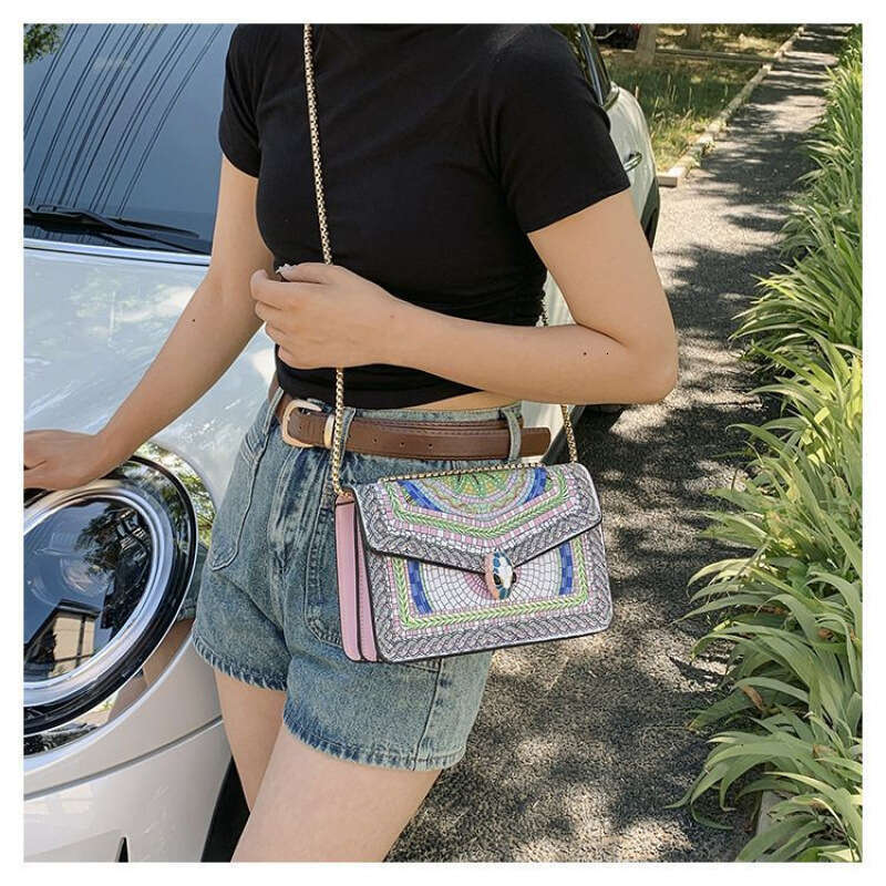 2025 New Color Block Print High-Quality Single Shoulder Korean Style Flap Trendy Chain Crossbody Bag Snake Head