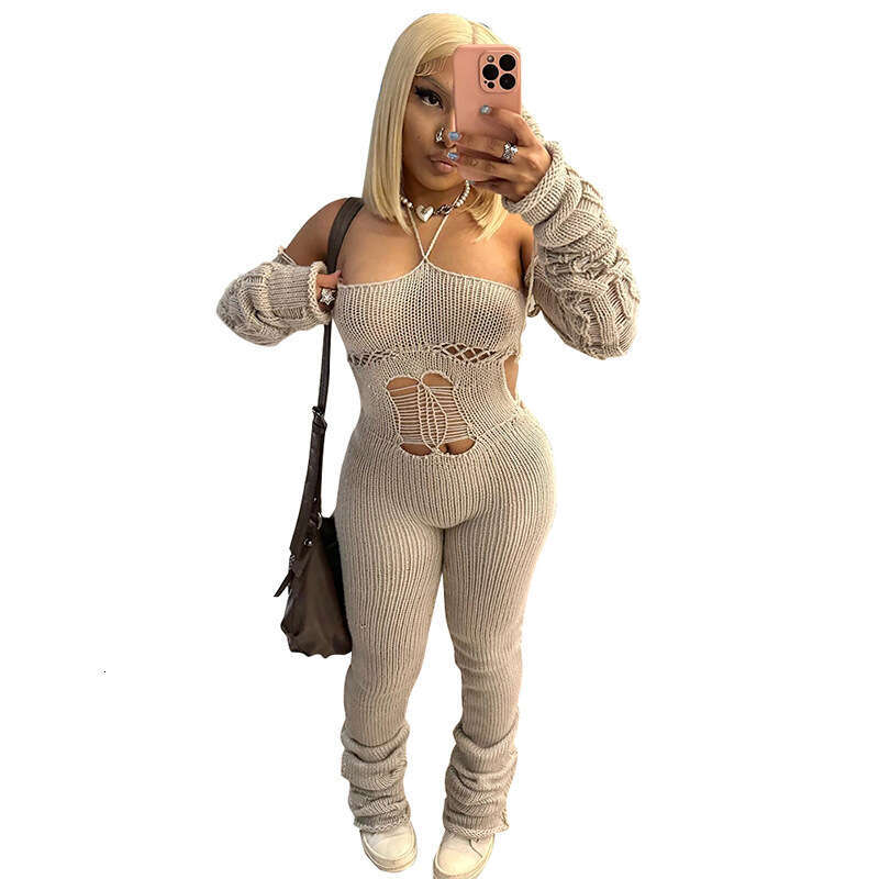 autumn Winter New Woolen Sleeve Cover Halter Lace-Up Hollow Out Jumpsuit Pile Pants B5