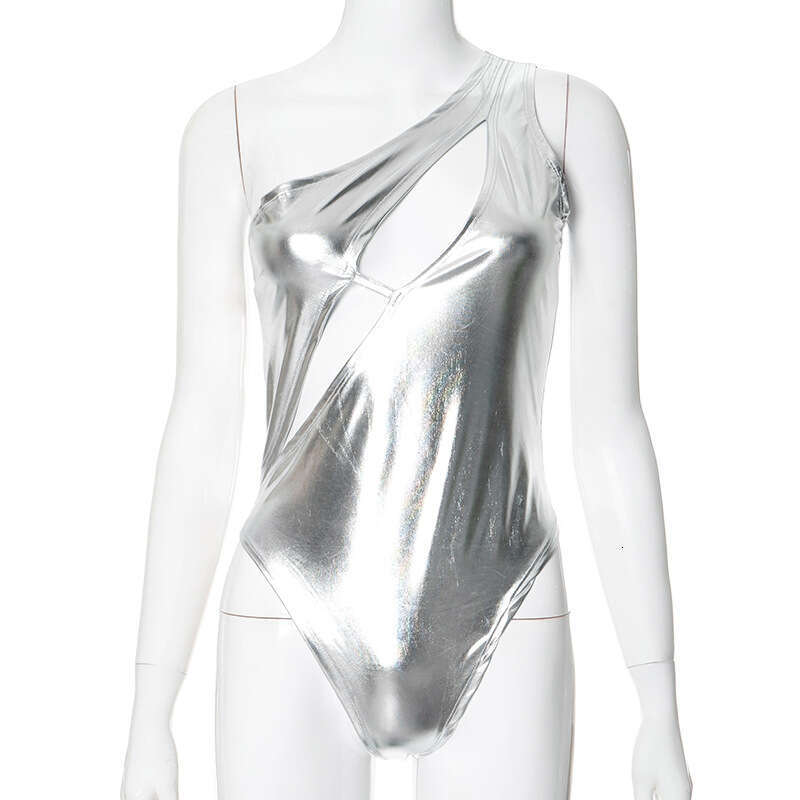 D24bs012 Wind New Women's Sexy One-Shoulder Metallic Color Patchwork Jumpsuit B5