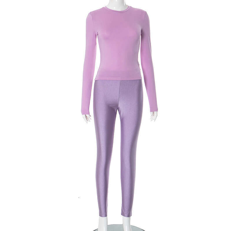 new Autumn Women's Round Neck Sleeve High Waist Slimming Long Pants Casual Set B5