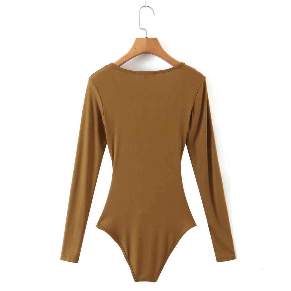 Ins Hot Girl Sexy Low-Cut Tight Hollow Out Jumpsuit Women Solid Color Slim Fit Long Sleeve Base Shirt T-Shirt B5