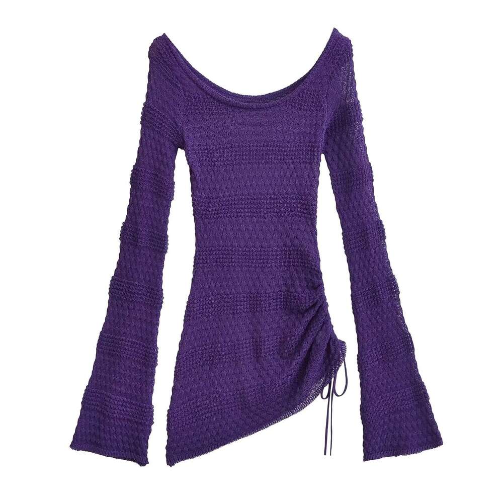 Autumn New Hot Girl Lazy Style Round Neck Hollow Out Flared Sleeve Sweater Women Waist-Cinching Knitted Cover-Up Top B5