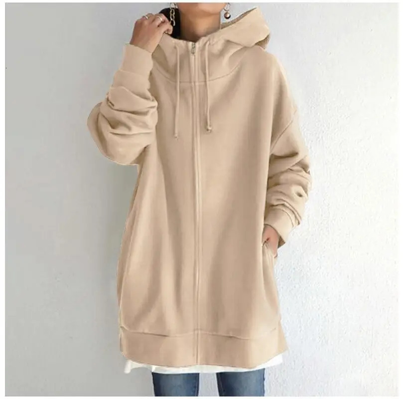 Oversized S5XL Women Loose Hooded Coats Autumn Female Tie Collar Long Sleeve Zipper Up Add Velvet XLong Sweatshirt JYFSHS0714 250709