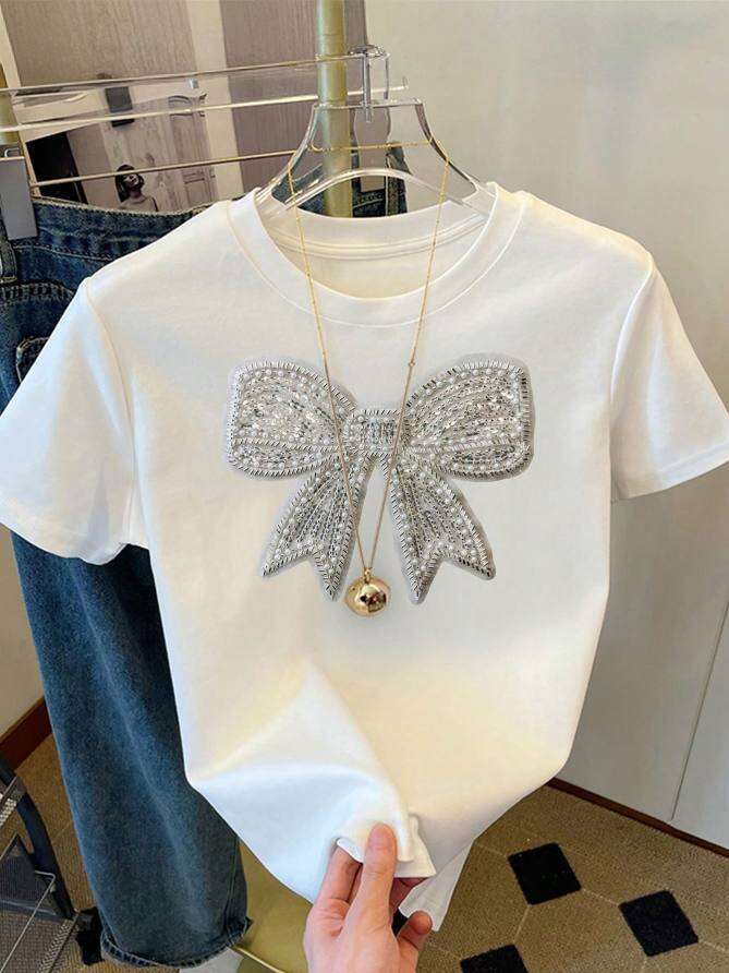 Round Neck Short Sleeve Sequin Butterfly Embroidery Design Summer New T-Shirt For Women B5