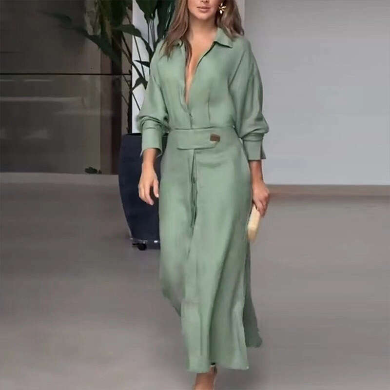 New Women's Fashion Elegant V-Neck Solid Color Button Waist-Cinching Long Sleeve Irregular Shirt Dress B5