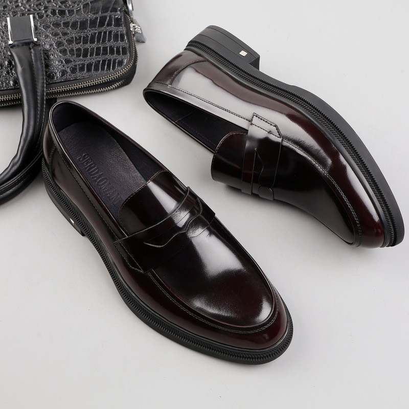 New British men's business casual leather shoes with one foot thick sole round toe loafers genuine leather breathable and comfortable