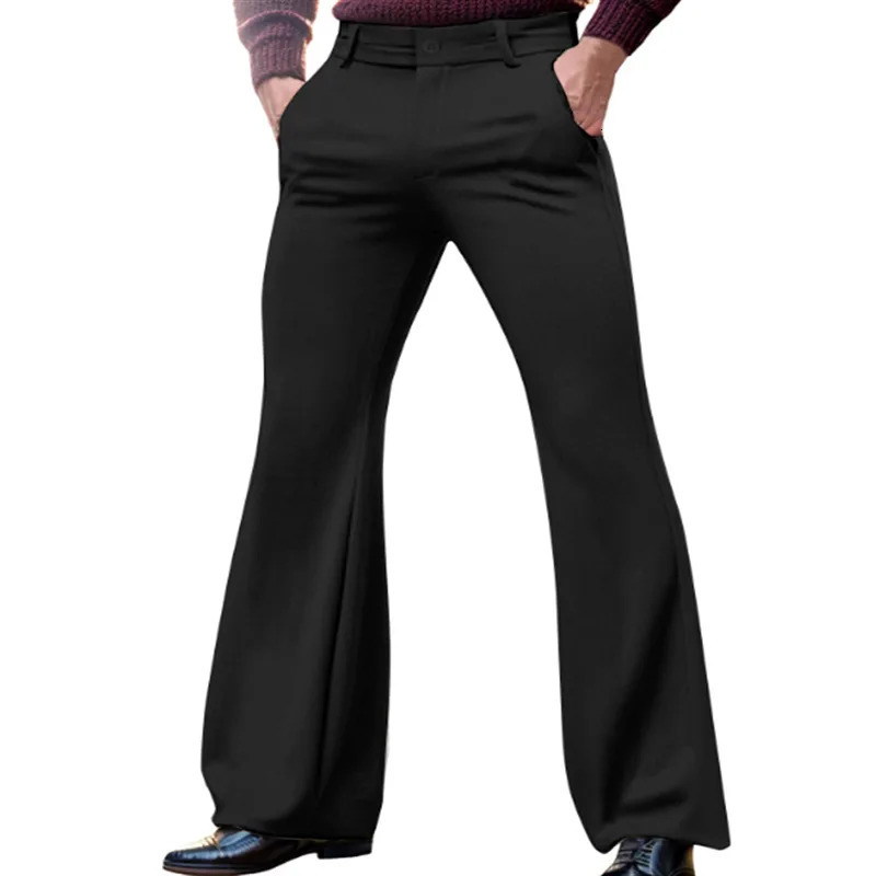 Mens Solid Color Stretch Slim-fit Slash Pocket Business Casual Stylish Bell-bottom Pants 250703