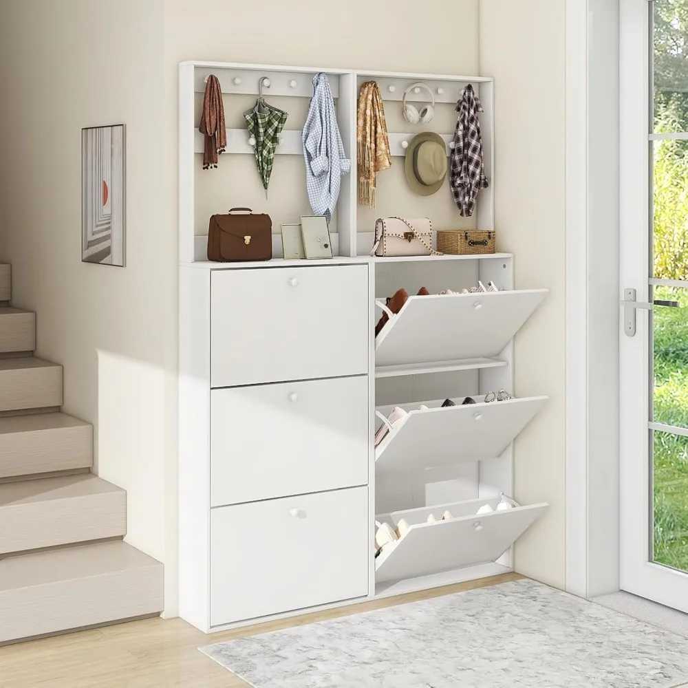 YipinShoe Storage Cabinet Set of 2 with 3 Flip Drawers Narrow Shoe Organizer with 9 Hooks Coat Rack Freestanding Shoe Rack for Q250709