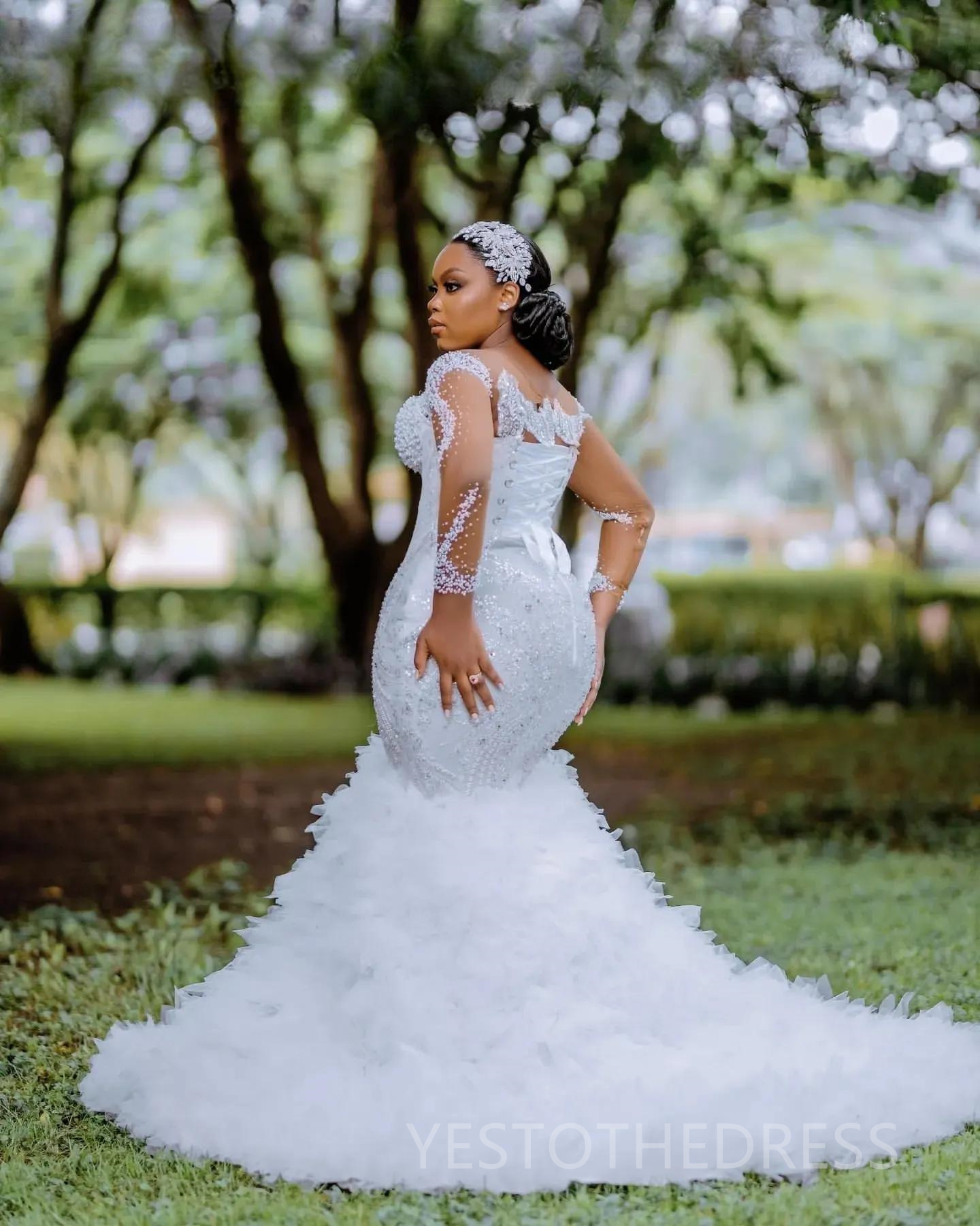 2025 Plus Size Mermaid Wedding Dress Bridal Gowns for Bride Illusion Sheer Neck Illusion Long Sleeves Beaded Lace Pearls Ruffles Wedding Gowns for Mar