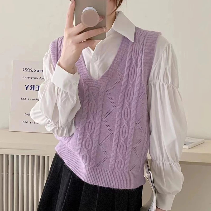 HELIAR Women V-neck Sweater Vest Solid Sleeveless Preppy Style Sweet Knitted Vest Female Casual Pullover Waistcoat Fall Winter 250709