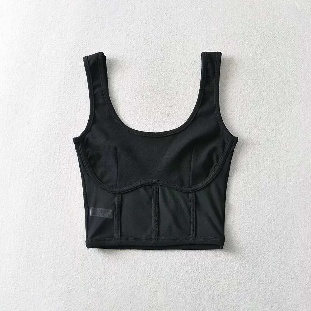 Spring Summer U-Neck Fishbone Label Mesh Patchwork For Women Stretch Slim Fit Backless Base Tank Top B5