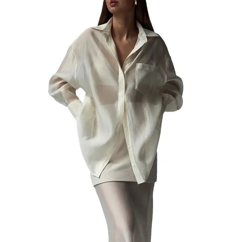 Womens Fashion Autumn Silk Gauze Lapel Long Sleeve Shirt HighWaisted Splicing Skirt 2Piece Set 250728