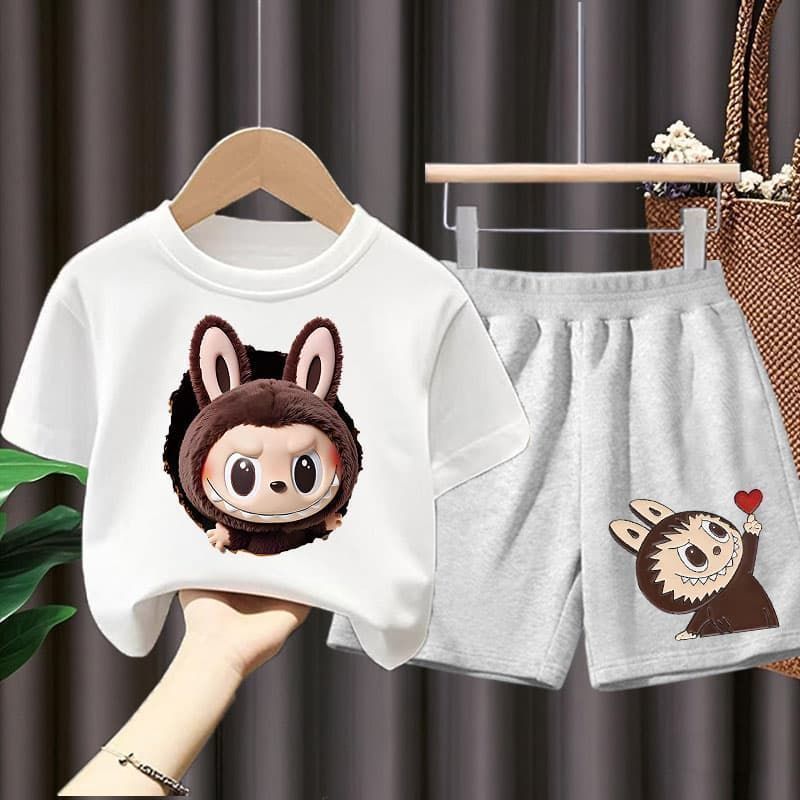 Labubu Kids Summer Leisure 2pcs O-neck Short Sleeve T-shirts Pants Suits 1-15 Years Boys Girls Casual Outfits Children Clothes