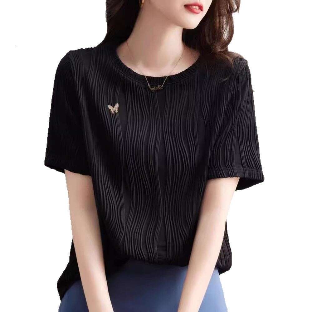 Textured Striped Short Sleeve T-Shirt For Women Summer Fashion Design Round Neck Elegant Top B5