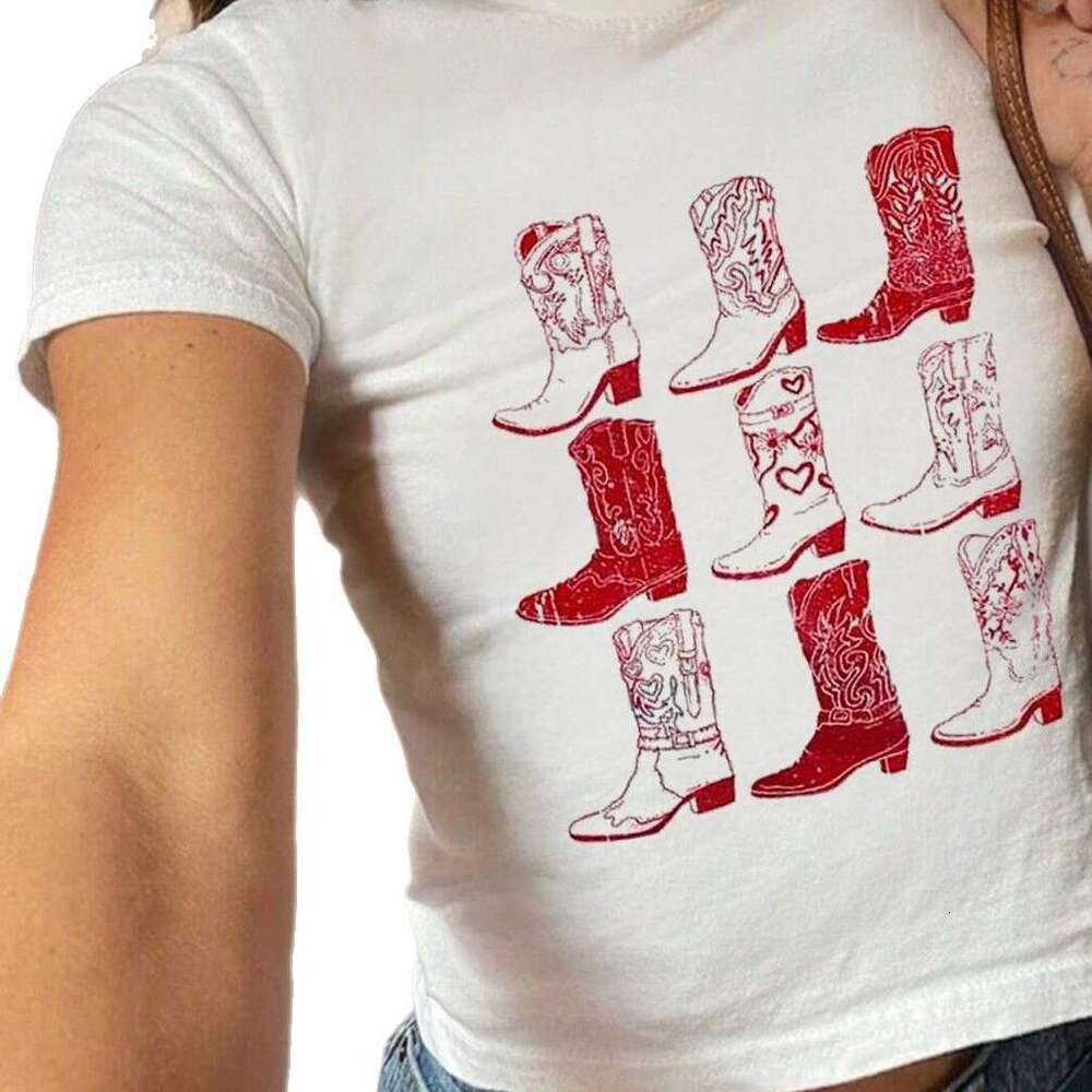 Summer Y2k New Boots Pattern Hot Girl Slim Sexy Black Beauty Style Crop Top Short Sleeve Women's T-Shirt B5