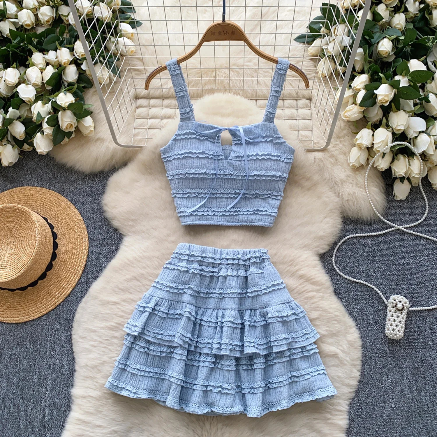 Summer Sweet Ruffles 2pcs Sets Women Square Collar Bow n Strap Crop TopsSolid Ruched Skirt Chic Gentle Suits 250709