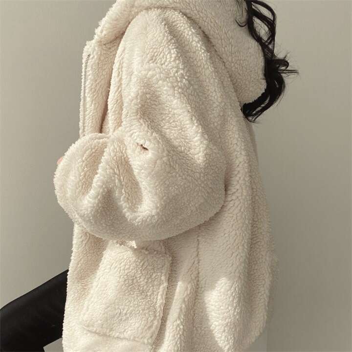 New Korean Version Mid-Length Thickened Hooded Coat Faux Shearling Fleece Zipper Jacket For Women Winter Warm B5