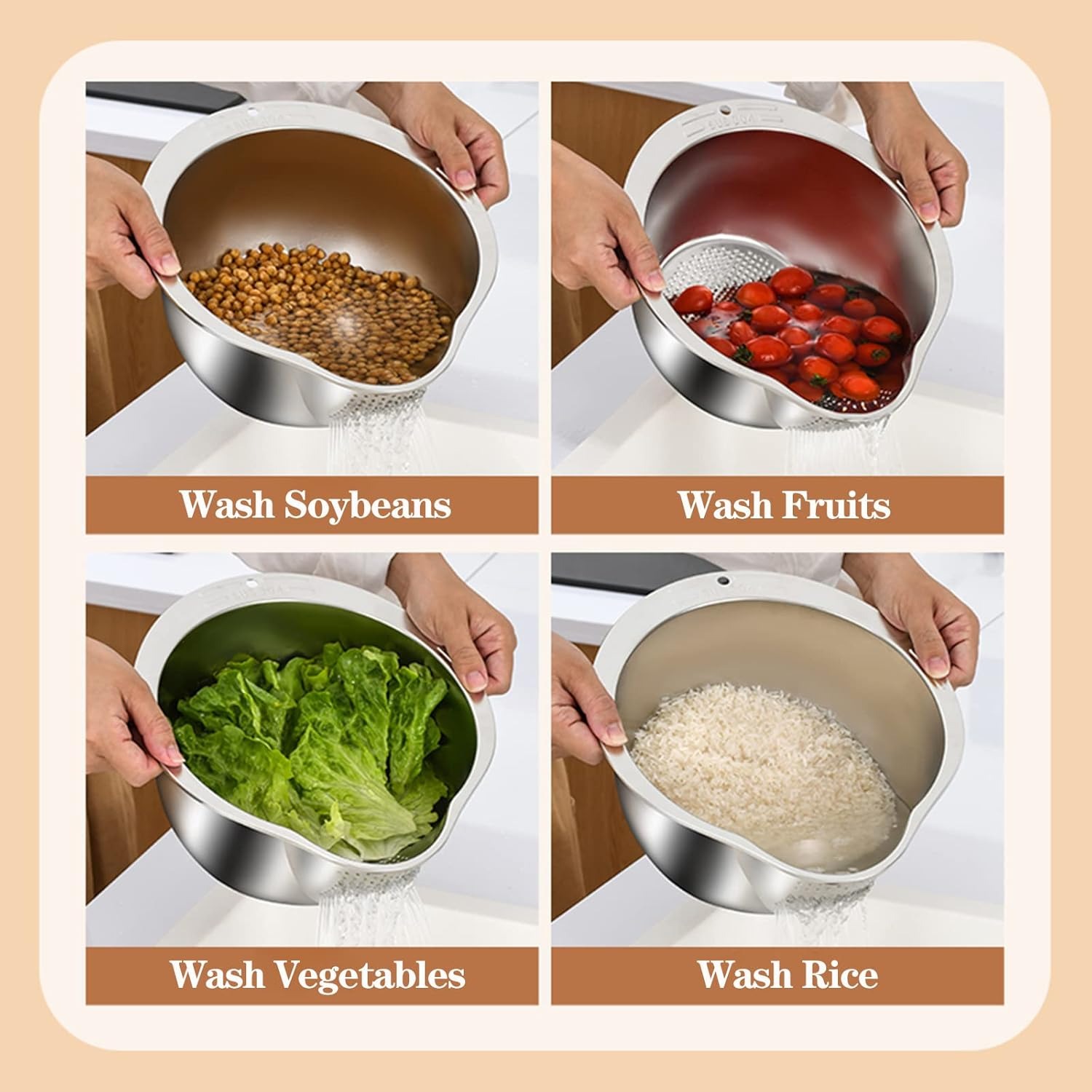 4-in 1 Stainless Steel Rice Washer Strainer Bowl Multi-Purpose Colander for Quinoa, Beans, Fruits Vegetables Side Drain Holes for Effortless Rinsing