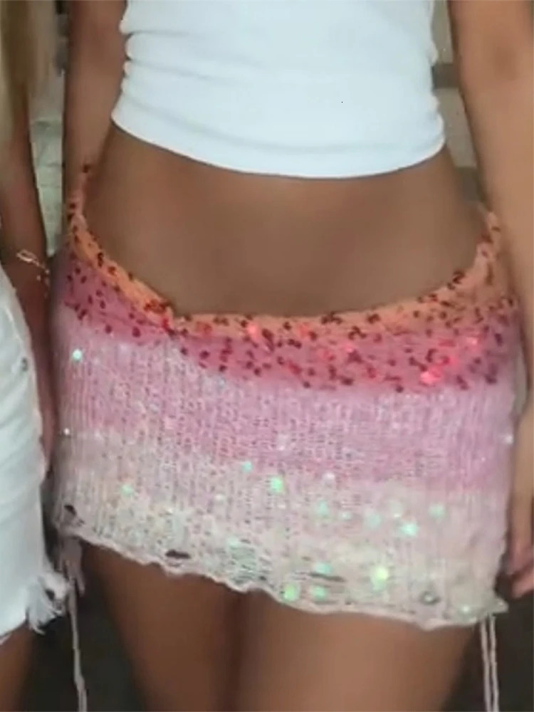 2K Womens Two Piece Skirts Set Pink Sequin Crochet Halter Top Matching Skin Fit CutOut Mini Skirt Chic Outfits For Women 250709