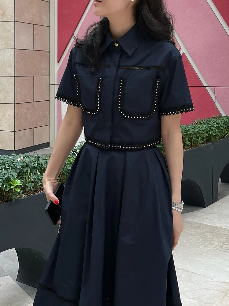 GALCAUR Elegant Two Piece Sets For Women Lapel Short Sleeve Tops High Waist A Line Pleated Skirts Solid Set Female Summer 250709