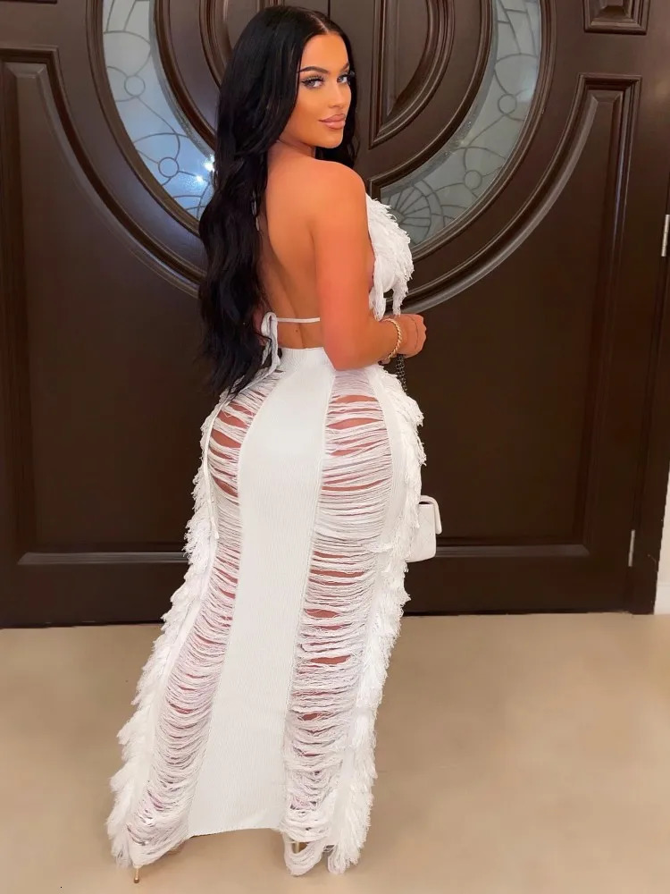 JRRY Sexy Women Knitted Set Halter Backless Crop Top Tassel Skirt Crochet Two Pieces Hollow Out Crocheted Beach Dress Set 250709