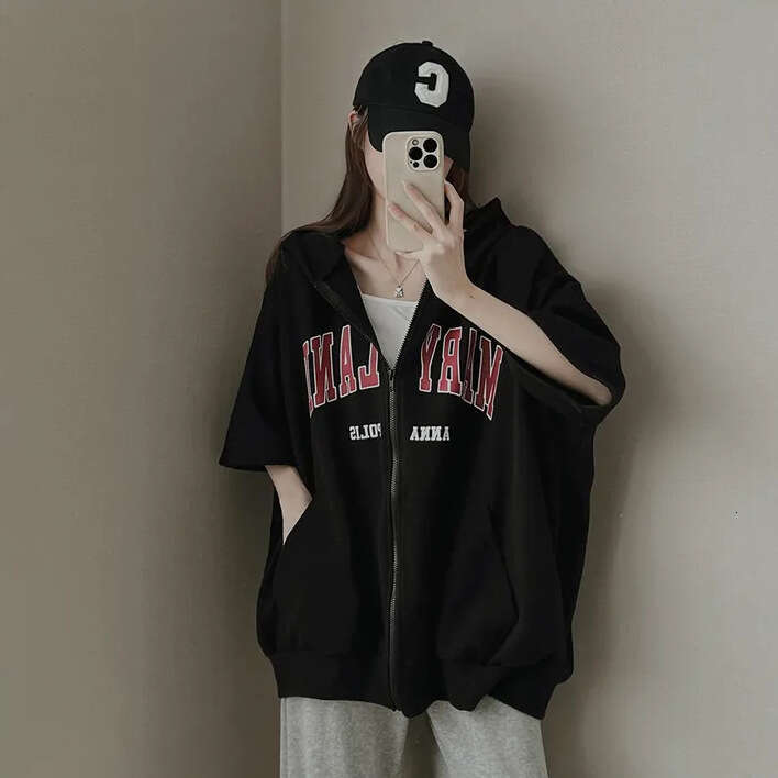 Short Sleeve Cardigan Niche Design Top Gray Sweatshirt Women Spring Summer Korean Style Loose Hoodie Zipper B5