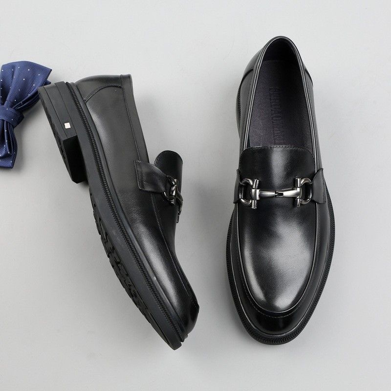 Loafers men's height-enhancing thick sole, leather buckle men's shoes round toe genuine leather soft sole, European style