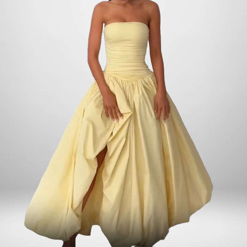 Summer New Women's Strapless Split Tie Solid Color Elegant Fashion Dress B5