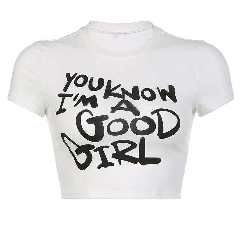 Summer New Slim Fit Printed Letter Hot Girl Ins Style Gothic Round Neck Short Sleeve T-Shirt Top B5