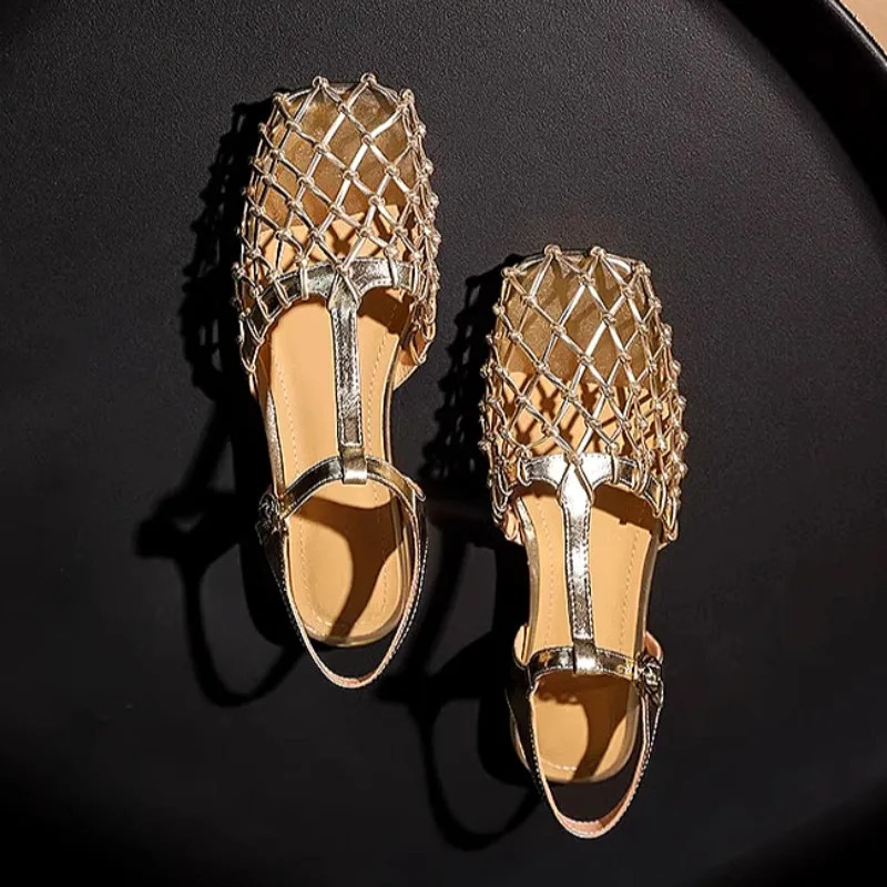 Women Weave Mesh Sandals Square Toe Low Heels Mules Shoes Open Woman Summer 2025 Trend Dress y Pumps Mujer 250703