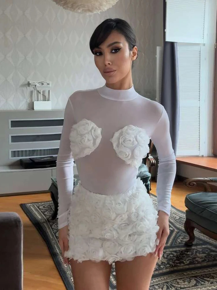 2 Piece Matching Women Appliques Set Mesh Sheer Patchwork Full Sleeve BodysuitsMini Skirts Female French Festival Suits 250709